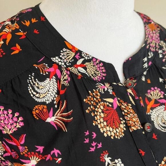 Anthropology Floral Blouse Long Sleeve Button Up Black Bird Print Top - Picture 2 of 10